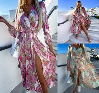 Femmes Robe Fendue Sexy Col En V Impression Manche Longue Impression Robe Mi-longue Rue main image 1