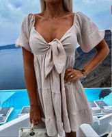 Women's A-line Skirt Elegant V Neck Patchwork Short Sleeve Solid Color Bow Knot Midi Dress Daily main image 5