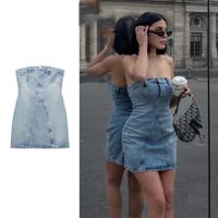 Women's Denim Dress Streetwear Strapless Zipper Sleeveless Solid Color Midi Dress Street main image 1