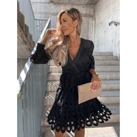 Women's Tiered Skirt Fashion V Neck Zipper Patchwork Long Sleeve Solid Color Knee-length Daily sku image 9