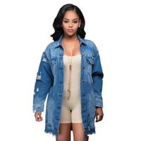 Women's Fashion Solid Color Ripped Single Breasted Coat Denim Jacket main image 2
