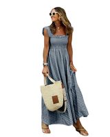 Women's Super Large Swing Skirt Casual Boat Neck Pleating Sleeveless Plaid Maxi Long Dress Daily main image 5