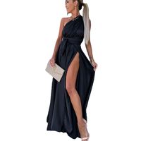 Élégant Couleur Unie Col En V Sans Manches Patchwork Polyester Maxi Longue Robe Super Grande Jupe Swing main image 3