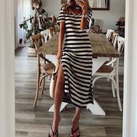 Women's T Shirt Dress Casual V Neck Printing Short Sleeve Stripe Midi Dress Home main image 6