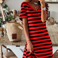 Women's T Shirt Dress Casual V Neck Printing Short Sleeve Stripe Midi Dress Home main image 3