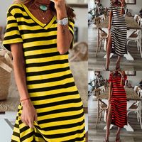 Women's T Shirt Dress Casual V Neck Printing Short Sleeve Stripe Midi Dress Home main image 5
