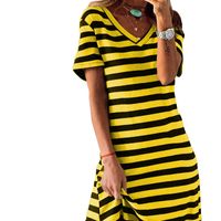 Women's T Shirt Dress Casual V Neck Printing Short Sleeve Stripe Midi Dress Home main image 4