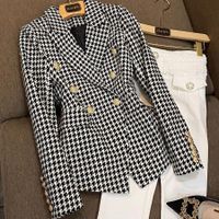 Women's Fashion Houndstooth Double Breasted Coat Woolen Coat sku image 1