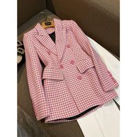 Women's Fashion Houndstooth Double Breasted Coat Woolen Coat sku image 6