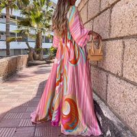 Women's Swing Dress Classic Style Streetwear V Neck Printing 3/4 Length Sleeve Color Block Maxi Long Dress Holiday main image 3