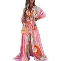 Women's Swing Dress Classic Style Streetwear V Neck Printing 3/4 Length Sleeve Color Block Maxi Long Dress Holiday main image 4