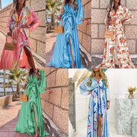 Women's Swing Dress Classic Style Streetwear V Neck Printing 3/4 Length Sleeve Color Block Maxi Long Dress Holiday main image 5