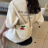 Women's Medium Straw Letter Fruit Vacation Beach Weave Bucket Zipper Straw Bag main image 2