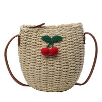 Women's Medium Straw Letter Fruit Vacation Beach Weave Bucket Zipper Straw Bag sku image 1