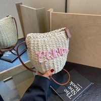 Women's Medium Straw Letter Fruit Vacation Beach Weave Bucket Zipper Straw Bag main image 6