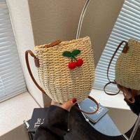 Women's Medium Straw Letter Fruit Vacation Beach Weave Bucket Zipper Straw Bag main image 4