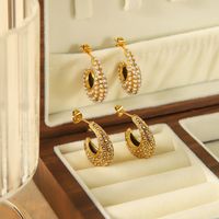 1 Pair Elegant Luxurious Solid Color Plating Inlay 304 Stainless Steel Pearl Zircon 18K Gold Plated Ear Studs main image 1