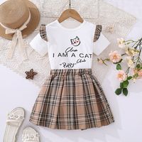 Cute Letter Cat Printing Polyester Girls Clothing Sets sku image 3