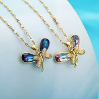 Elegant Dragonfly Stainless Steel Copper Plating Inlay Zircon 18k Gold Plated Pendant Necklace main image 5