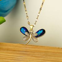 Elegant Dragonfly Stainless Steel Copper Plating Inlay Zircon 18k Gold Plated Pendant Necklace main image 4