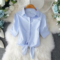 Lady Stripe Collar Color Lace-up Versatile Puff Sleeve Shirt main image 6