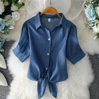 Lady Stripe Collar Color Lace-up Versatile Puff Sleeve Shirt main image 7