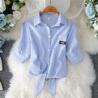 Lady Stripe Collar Color Lace-up Versatile Puff Sleeve Shirt main image 3