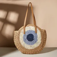 Women's Medium Straw Geometric Vintage Style Weave Round Zipper Straw Bag sku image 1