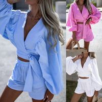Women's Casual Vacation Solid Color Cotton Shorts Sets main image 1