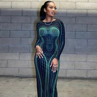 Women's Bodycon Dress Sexy Round Neck Printing Long Sleeve Lines Maxi Long Dress Party main image 3