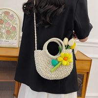 Women's Braid Solid Color Flower Beach Sewing Thread String Handbag sku image 2