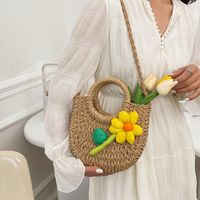 Women's Braid Solid Color Flower Beach Sewing Thread String Handbag sku image 1