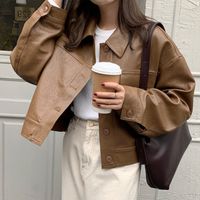 Women's Casual Vintage Style Solid Color Button Single Breasted Leather Jacket main image 6