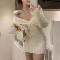 Women's Sweater Dress Casual Sexy V Neck Long Sleeve Solid Color Short Mini Dress Daily main image 4