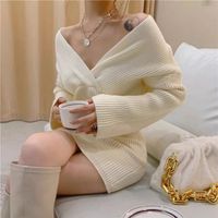 Women's Sweater Dress Casual Sexy V Neck Long Sleeve Solid Color Short Mini Dress Daily sku image 2