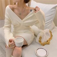 Women's Sweater Dress Casual Sexy V Neck Long Sleeve Solid Color Short Mini Dress Daily main image 5