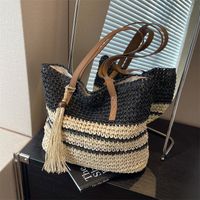 Women's Straw Color Block Beach Zipper Shoulder Bag main image 3