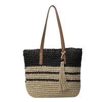 Women's Straw Color Block Beach Zipper Shoulder Bag sku image 2