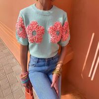 Women's T-shirt Short Sleeve Sweaters & Cardigans Contrast Binding Vacation Flower main image 3