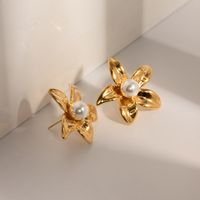 1 Pair IG Style Simple Style Flower Inlay 304 Stainless Steel Pearl 18K Gold Plated Ear Studs main image 1