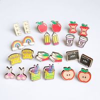 1 Pair Cartoon Style Book Rainbow Apple Wood Printing Women's Ear Studs main image 1