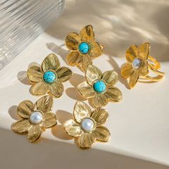 Wholesale Jewelry IG Style Simple Style Flower 304 Stainless Steel Turquoise 18K Gold Plated Inlay Rings Earrings