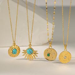 Wholesale Jewelry Casual Roman Style Commute Geometric 304 Stainless Steel Artificial Rhinestones Turquoise Resin 18K Gold Plated Polishing Inlay Pendant Necklace