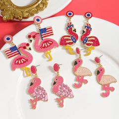 1 Pair IG Style Cute Modern Style Flamingo American Flag Inlay Alloy Seed Bead Rhinestones Drop Earrings