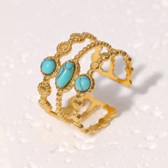 304 Stainless Steel 18K Gold Plated Retro Plating Inlay Geometric Turquoise Open Rings