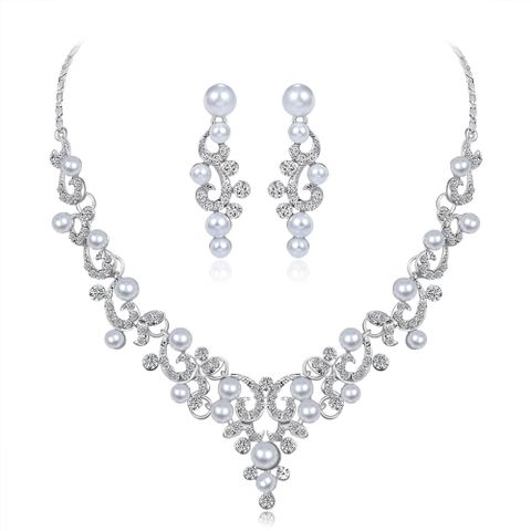 Klassische Mode Mode Schmuck Europäischen Stil Perlen Strass Halskette Ohrringe Zweiteiliges Bankett Hochzeit Matching