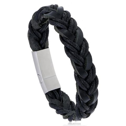 Fashion Simple Magnetic Buckle Men Leather Vintage Woven Stainless Steel Bracelet