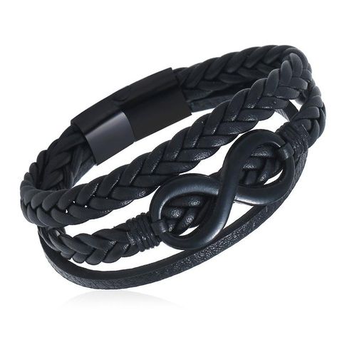 New Men's Jewelry Black Stainless Steel Buckle Leather Bracelet Alloy Black Plated 8 Word Imitation Cowhide Bracelet