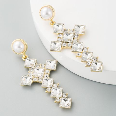 Vintage Pearl Earrings Female Alloy Diamond Cross Long Jewelry