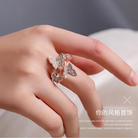 Full Diamond Four Butterfly Ring Light Luxury Index Finger Opening Ring